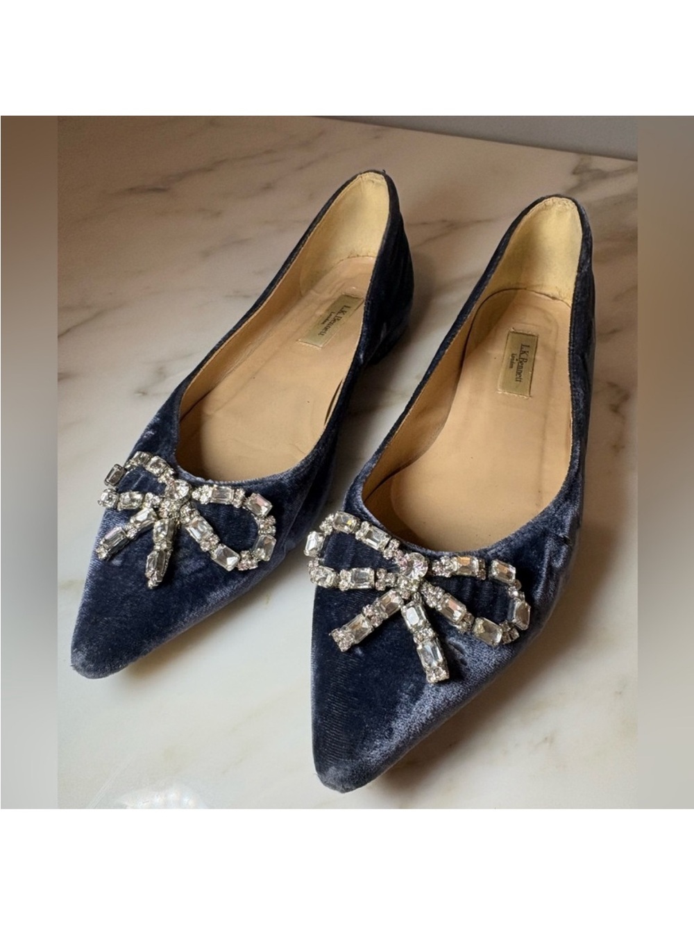 Women's Velvet Pointed-Toe Flats with Crystal Bow - Navy